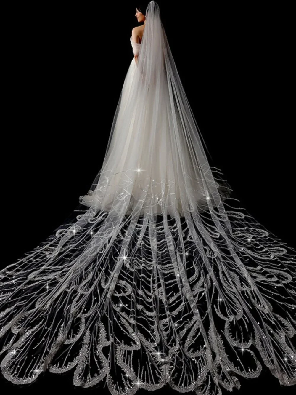 3.5m Sparkle Sequined Cathedral Bridal Veil Feather Pattern Comb
